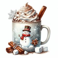 a painting of a coffee cup with a snowman in the middle and cinnamon sticks sticking out of it