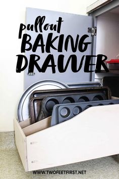 there is a metal cabinet that has some baking utensils in it and the words pauli not baking drawer