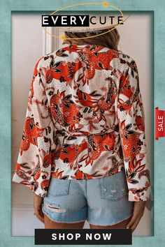 Orange Floral Wrap Kimono Blouse Orange Printed V-neck Top, Non-stretch Printed Long Sleeve Tops, Printed Shirt For Fall Day Out, Printed Shirt For Day Out In Fall, Orange Floral Print V-neck Top, Long Sleeve Patterned Tops For Vacation, Graphic Print V-neck Blouse For Day Out, Non-stretch Printed Tops For Vacation, Printed Non-stretch Tops For Vacation