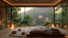 a bed sitting in a bedroom next to a window filled with lots of greenery