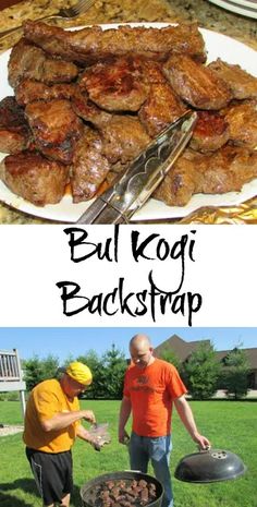 two pictures with the words bull kogi backstrap and an image of some meats