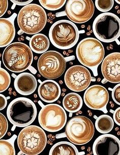 many cups of coffee are arranged on a black and white background with measuring tape in the foreground