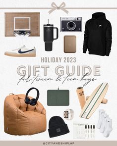 the holiday gift guide for men and teen boys includes items like a beanie, sweater, backpack, headphones, coffee mug