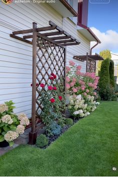 some flowers and plants in front of a house