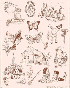 an old fashioned drawing with many different things in the background, including flowers and butterflies