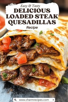 an easy and tastyly loaded steak quesadilla recipe is shown here