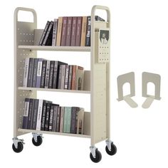 a book shelf with wheels and books on it