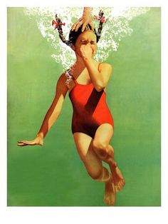 a woman in a red swimsuit diving under water