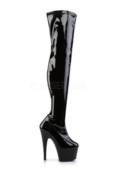 7" (17.8cm) Stiletto Heel 2 3/4" (7cm) Platform Plain Stretch Platform Thigh Boot & Full Inner Side Zipper - Fit Guide: True to Size - Heel Specifications: 7" Heel & 2 3/4" Platform - Country of Origin: Imported Fitted High Ankle Platform Boots With 4-inch Heel, Fitted High Ankle Platform Boots In Polyurethane, Fitted High Ankle Platform Boots, Fitted High Cut Black Platform Boots, Black Fitted High-cut Platform Boots, Fitted High-cut Black Platform Boots, Formal Thigh High Heels, Black Thigh High Polyurethane Heeled Boots, Fitted Thigh High Patent Leather Boots