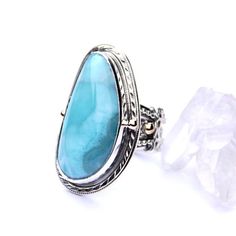 Beautiful One Of A Kind Larimar Ring By Reve Jewelry. Hand Set In Sterling Silver With 14k Accents. Signed By The Artist And Stamped Sterling Silver & 14k. Size 7 But Will Fit Smaller Due To The Size Of The Stone. The Setting Is 1.25". New With Tags. Elephant Ring, Larimar Ring, Costume Rings, Larimar Rings, Twisted Metal, Jewelry Hand, Jewelry Blue, 7 Rings, Round Rings