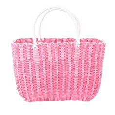 a pink handbag with white handles on a white background, the bag is made out of wicker