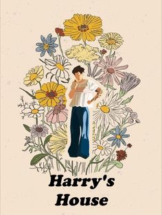 a man standing in front of flowers with the words harry's house on it