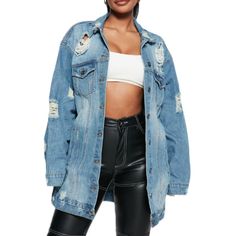 Fashion Nova Blue Distressed Medium Wash Oversized Denim Jean Jacket Size Medium New Without Tags Bought But Never Worn Approx Flat Lay Measurements Pit To Pit 21” Length 31” Oversized Washed Blue Trendy Denim Jacket, Ripped Denim Blue Outerwear For Fall, Oversized Washed Blue Denim Jacket For Fall, Ripped Denim Outerwear For Fall, Oversized Distressed Denim Blue Outerwear, Ripped Oversized Winter Outerwear, Oversized Denim Blue Jacket With Frayed Hem, Trendy Oversized Light Wash Denim Jacket, Ripped Medium Wash Outerwear For Streetwear