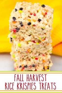 A stacked tower of Fall Harvest Rice Krispies Treats. Fall Harvest Desserts, Fall Rice Krispie Treats, Harvest Treats, Rice Krispies Cereal, Bake Sweets, Fall Fun Food, Kid Recipes, Halloween Dessert