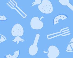 a blue background with white food and utensils