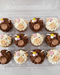 twelve cupcakes decorated with farm animals in chocolate icing and pink flowers on top