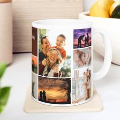 a white coffee mug with four different photos on the front and sides, sitting next to a potted plant