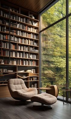 a chair and ottoman in front of a bookshelf with lots of books on it