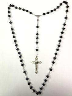 First Communion Rosary Beads by DSMRosaries on Etsy Grunge Rosary Necklace, Adjustable Silver Rosary With Black Beads, Silver Beaded Chain Rosary As Gift, Silver Rosary With Black Beads As Gift, Hellhound Oc, Black Rosary Necklace, Gothic Inspiration, Protestant Prayer Beads, Chaplet Rosary