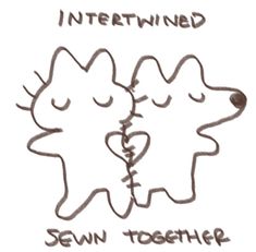 an image of two bears with the words, intertwined sewn together on them