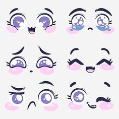 cartoon eyes with different expressions and shapes on the face, set of six illustrations for children's drawings