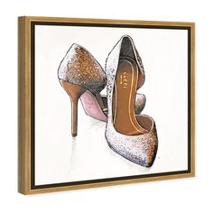 a painting of a pair of high heeled shoes with glitter on the soles