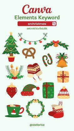 a poster with christmas items on it and the words canva elements keyword written below