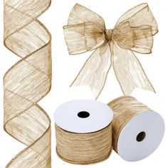 two rolls of sheer organe ribbon next to one roll of twine and another roll of