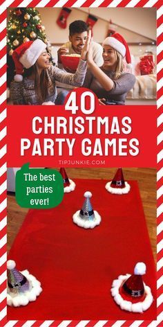 christmas party games for kids with santa hats on the top and red table runner in front