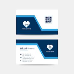 two sided business card with medical logo on the front and back, both in blue