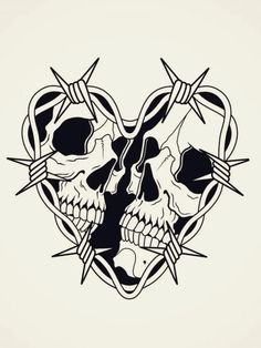 a heart shaped with two skulls and barbed wire