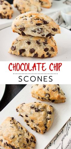 chocolate chip scones are stacked on top of each other with the title above it