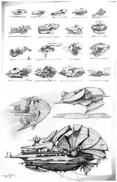 some drawings of boats and planes in black and white