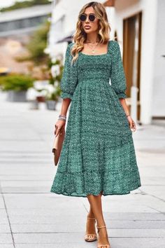 Spring Flowy Midi Dress With Lantern Sleeves, Fitted Long Sleeve Boho Dress With Floral Print, Casual Long Sleeve Printed Dress, Casual Boho Midi Dress, Elegant Long Sleeve Boho Floral Dress, Elegant Long Sleeve Boho Dress With Floral Print, Casual Square Neck Printed Dress, Casual Printed Square Neck Dress, Spring Half Sleeve Printed Midi Dress