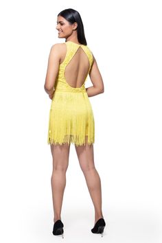 Yellow dress with hand embroidered motifs, cutout at back and fringe detailing.
Component: 1
Pattern: Embroidered
Neckline: Round neck
Sleeve Type: Sleeveless
Fabric: 100% Nylon mesh
Color: Yellow
Other Details: 
Cutout at back
Fringe detailing
Occasion: Party - Aza Fashions Embroidered Motifs, Embroidered Neckline, Fringe Dress, Dresses Short, Dress For Women, Embroidered Dress, Yellow Dress, Aza Fashion, Sleeve Type