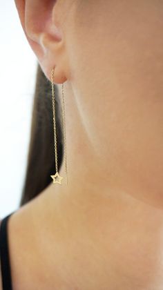 14K 9K Gold Star Threader Earrings, Solid Gold Minimalist Earrings, Dainty Star Threaders, Long Chain Earrings, Celestial gold earrings, Gift for her, FREE EXPRESS SHIPPING Dainty and minimalist 14K or 9K Solid gold threader earrings with a small star. A lovely, versatile pair of earrings/earring that you will love wearing all day, everyday! Whisper....Aiming for the stars! :) ------------------------------------------------- D E T A I L S 14K Solid Gold or 9K Solid Gold Length: 11cm / 4.3'' Sta Minimalist Yellow Gold Star Earrings, Minimalist 14k Gold Earrings With Star Charm, Minimalist 14k Gold Star Charm Earrings, Gold Minimalist Earrings, Music Note Necklace, Double Horn Necklace, Origami Necklace, Horse Bracelet, Threader Earrings Gold