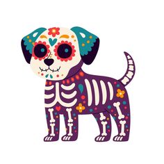 a dog wearing a skeleton costume with flowers on it's head, standing in front of