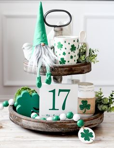 a st patrick's day table setting with shamrock decorations