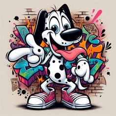 a cartoon dog with black and white spots on his face, standing in front of a graffiti wall