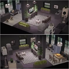 two views of a living room and dining area from the top floor to the bottom