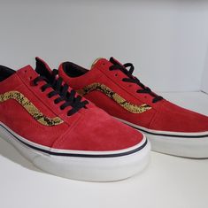 Brand New Awesome Red Vans With Snake Print Accents. Unisex. Red Leather Skateboarding Sneakers, Vans Sneakers In University Red For Streetwear, Red Leather Skate Shoes With Laces, Red Skate Shoes With Laces For Skateboarding, Red Vans Skate Shoes With Red Sole, Red Vans Sneakers With Red Sole, Red Vans Skate Shoes, Red Vans, Vans Red