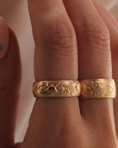 Etched Gold Round Bands, Etched 14k Gold Rings, Victorian Round Band Gold Jewelry, Gold Jewelry With Engraved Thick Band, Gold Engraved Thick Band Jewelry, 14k Gold Jewelry With Intricate Design For Promise, Gold Wedding Bands With Engraving Option, Heirloom Style Gold Couple Rings, Heirloom Gold Promise Ring