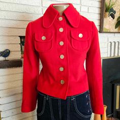 "Cute 1960's Little Red Wool Fleece Short Jacket with pearly  buttons on front, two small chest pockets and sleeves. Tailored fit, Lined in Taffeta. 15\" across shoulders 22\" sleeves 16\" across chest 19\" jacket length Great condition, a few Subtle moth bites. \"De Graff California by David Hayes\" Size Sm 8" Vintage Suspenders, Vintage Wardrobe, Fleece Shorts, Red Wool, Small Chest, Womens Jackets, Short Jacket, Fashion Inspo Outfits, Fashion Inspo