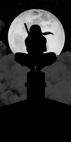 the silhouette of a person sitting on top of a building in front of a full moon