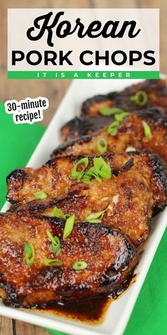 korean pork chops on a white plate with green onions