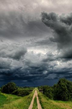 a dirt road in the middle of a green field under a cloudy sky with dark clouds