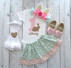 Welcome to Noellebydesign - First Birthday Outfits & Baby Shower Gifts Bunny Banner, Shabby Chic Dress, 1st Birthday Outfit Girl, Spring Birthday Party, Bunny Shoes, Bunny Ears Headband, 1st Birthday Outfit