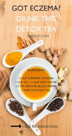 #Turmeric holds multiple benefits in #eczema : Turmeric reduces skin inflammation. Turmeric reduces dyspigmentation. Turmeric protects skin from pollutants and chemicals. Turmeric has anti-allergic activity. Turmeric has anti-microbial properties. Turmeric has anti-allergen activity. Click to learn how to make this tea from #PureFiji blog. | #NaturalSkinCareProducts for #NaturalBeauty #SkinCareTips #SkinCareRegimen #SkinCareRoutine Diy Detox Tea, Detox Tea Recipe, Skin Remedies, Skin Care Remedies, Skin Care Recipes, Detox Tea, Tea Recipes, Health Remedies, Organic Skin Care