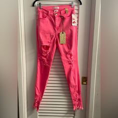 Nwt Vibrant M.I.U Neon Pink Distressed Jeans/Jeggings. Size 5 Ripped Fitted Jeggings For Fall, Trendy Ripped Pink Bottoms, Trendy Ripped Pink Jeans, High Rise Distressed Pink Jeans, Pink High Rise Distressed Jeans, Pink High Waist Ripped Bottoms, High Waist Ripped Pink Bottoms, Spring Distressed Stretch Pants, Ripped Stretch Jeggings