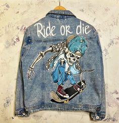 Hand painted denim jacket Skeleton skater will be a great piece of clothing! Be different! Order your exclusive custom denim jacket! The drawing on painted jean jacket is made using special fabric paints and is not washed off. You can wash skeleton jacket manually or in the machine (using delicate mode), in cold water, inside out. With such proper care, the drawing will last always! The jacket and its color may differ from the one shown in the photographs, but will be in a similar style. If you Hand Painted Cotton Denim Jacket For Streetwear, Custom Artwork Cotton Denim Jacket For Streetwear, Spring Denim Jacket With Custom Artwork For Streetwear, Trendy Hand Painted Outerwear For Streetwear, Hand Painted Denim Jacket For Winter Streetwear, Hand Painted Blue Outerwear For Streetwear, Blue Hand Painted Denim Jacket For Streetwear, Blue Hand Painted Outerwear For Streetwear, Skeleton Jacket